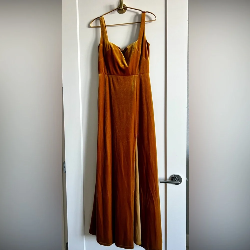 EUC JENNY YOO Velvet Bridesmaid Gown Marigold Gold Size 6 Square Neck Maxi - Picture 4 of 9